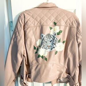 Pink Leather Jacket Tiger and Flowers